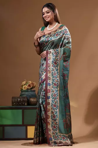 Multicolour semi - tussar with digital print saree with blouse piece