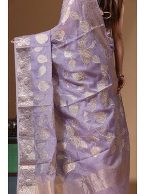 Lavendar mal chanderi with applique work saree with blouse piece 4