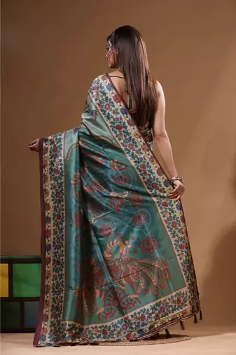 Multicolour semi - tussar with digital print saree with blouse piece