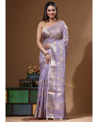 Lavendar mal chanderi with applique work saree with blouse piece 5