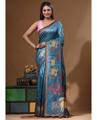 Multicolour semi - tussar with digital print saree with blouse piece 4