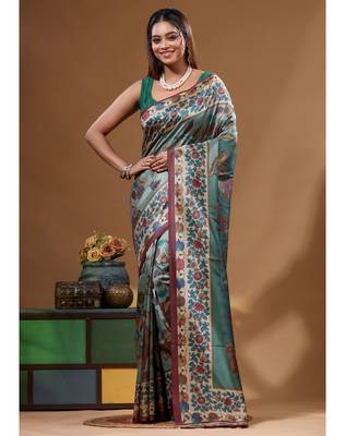 Multicolour semi - tussar with digital print saree with blouse piece 5