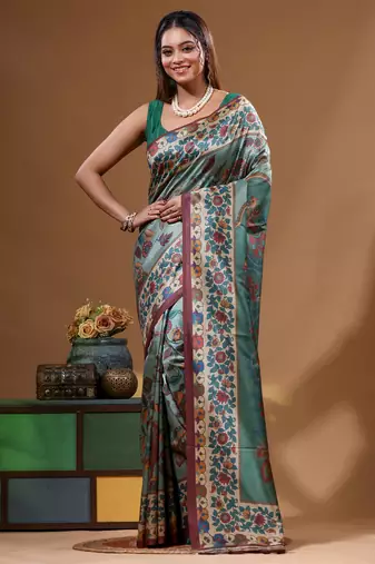 Multicolour semi - tussar with digital print saree with blouse piece