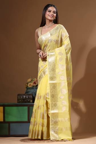Yellow mal chanderi with applique work saree with blouse piece