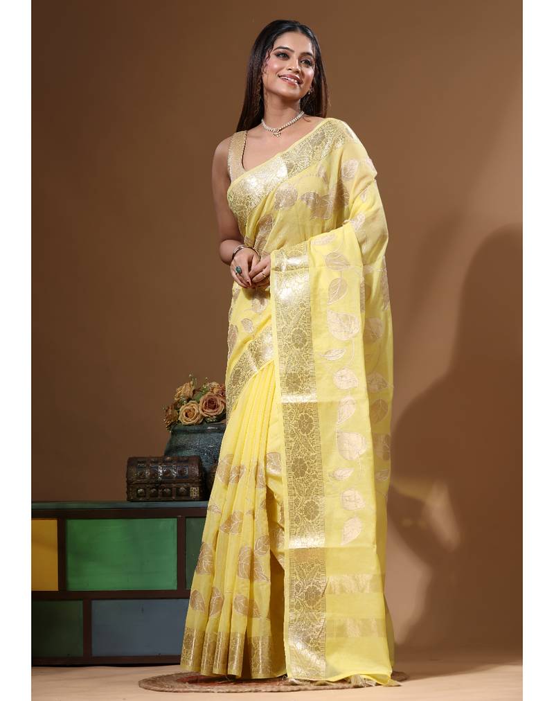 Yellow mal chanderi with applique work saree with blouse piece