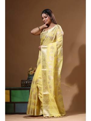 Yellow mal chanderi with applique work saree with blouse piece 2