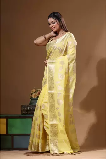 Yellow mal chanderi with applique work saree with blouse piece