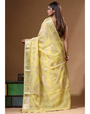 Yellow mal chanderi with applique work saree with blouse piece 3