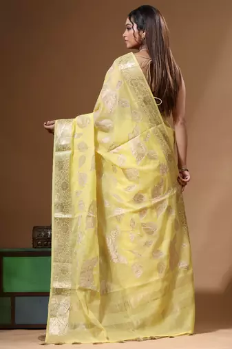 Yellow mal chanderi with applique work saree with blouse piece