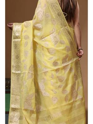 Yellow mal chanderi with applique work saree with blouse piece 4