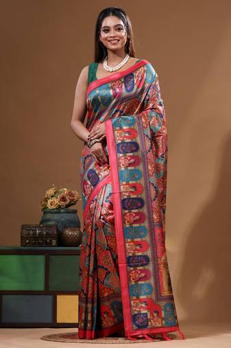 Multicolour semi - tussar with digital print saree with blouse piece