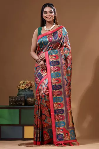 Multicolour semi - tussar with digital print saree with blouse piece