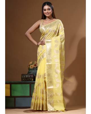 Yellow mal chanderi with applique work saree with blouse piece 5