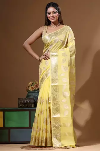 Yellow mal chanderi with applique work saree with blouse piece