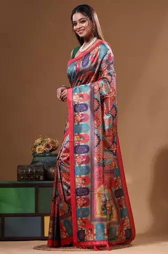 Multicolour semi - tussar with digital print saree with blouse piece
