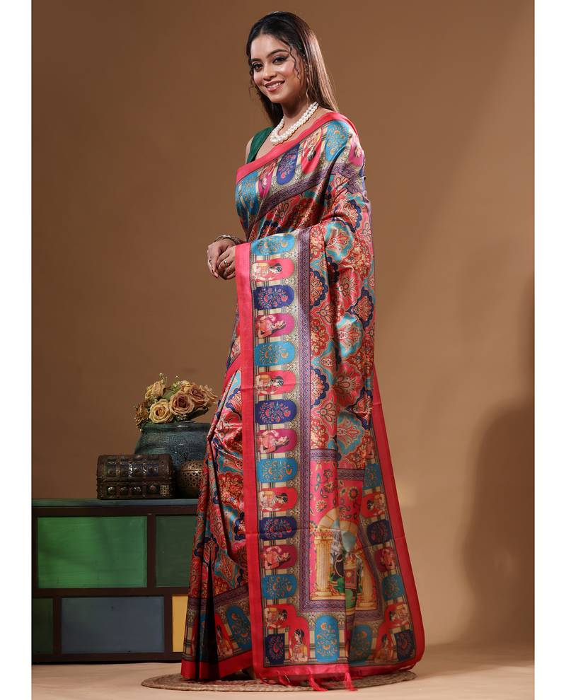 Multicolour semi - tussar with digital print saree with blouse piece