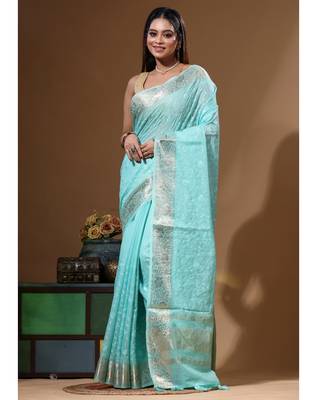 Sea green mal chanderi with chicken kari saree with blouse piece 1