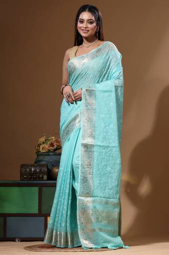 Sea green mal chanderi with chicken kari saree with blouse piece