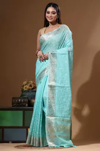 Sea green mal chanderi with chicken kari saree with blouse piece