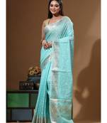 Sea green mal chanderi with chicken kari saree with blouse piece