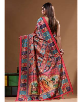 Multicolour semi - tussar with digital print saree with blouse piece 3