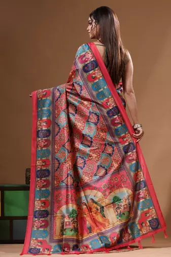 Multicolour semi - tussar with digital print saree with blouse piece