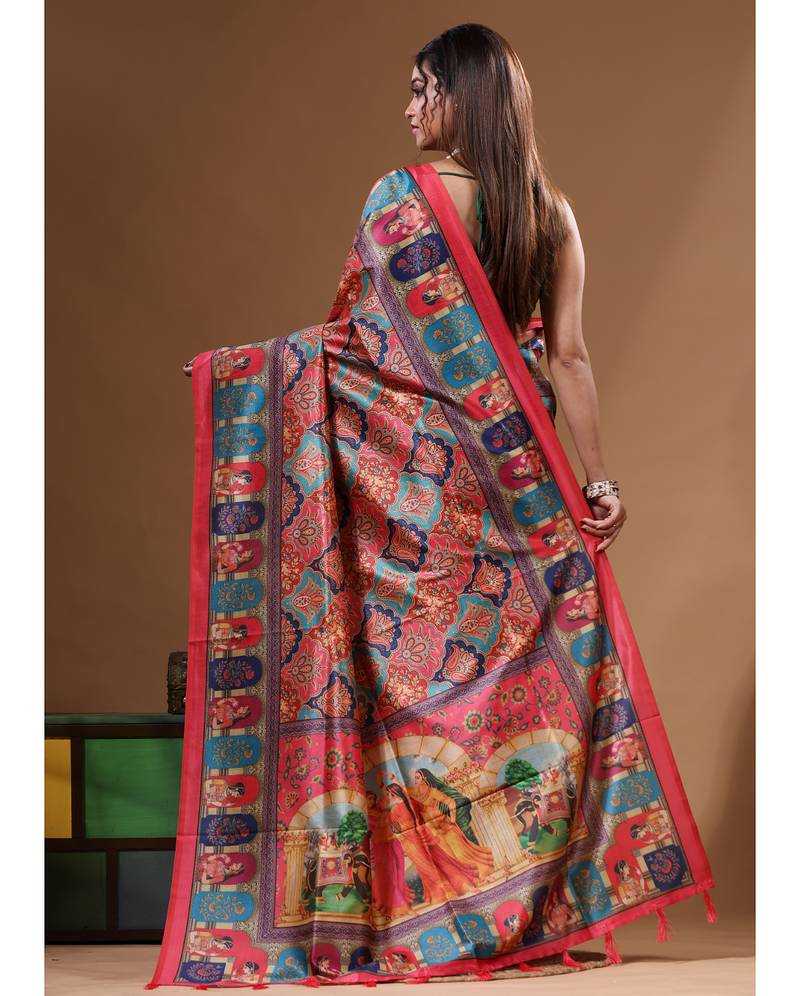 Multicolour semi - tussar with digital print saree with blouse piece