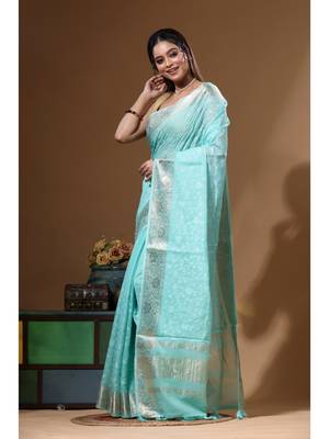 Sea green mal chanderi with chicken kari saree with blouse piece 2