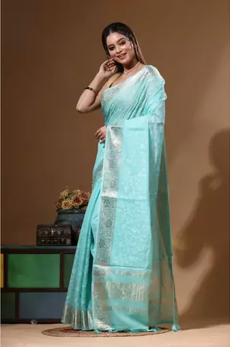 Sea green mal chanderi with chicken kari saree with blouse piece