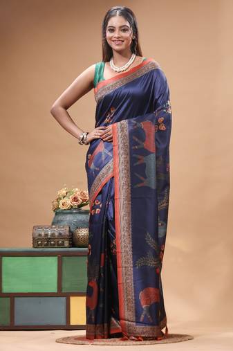Multicolour semi - tussar with digital print saree with blouse piece