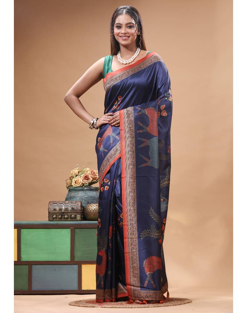 Multicolour semi - tussar with digital print saree with blouse piece