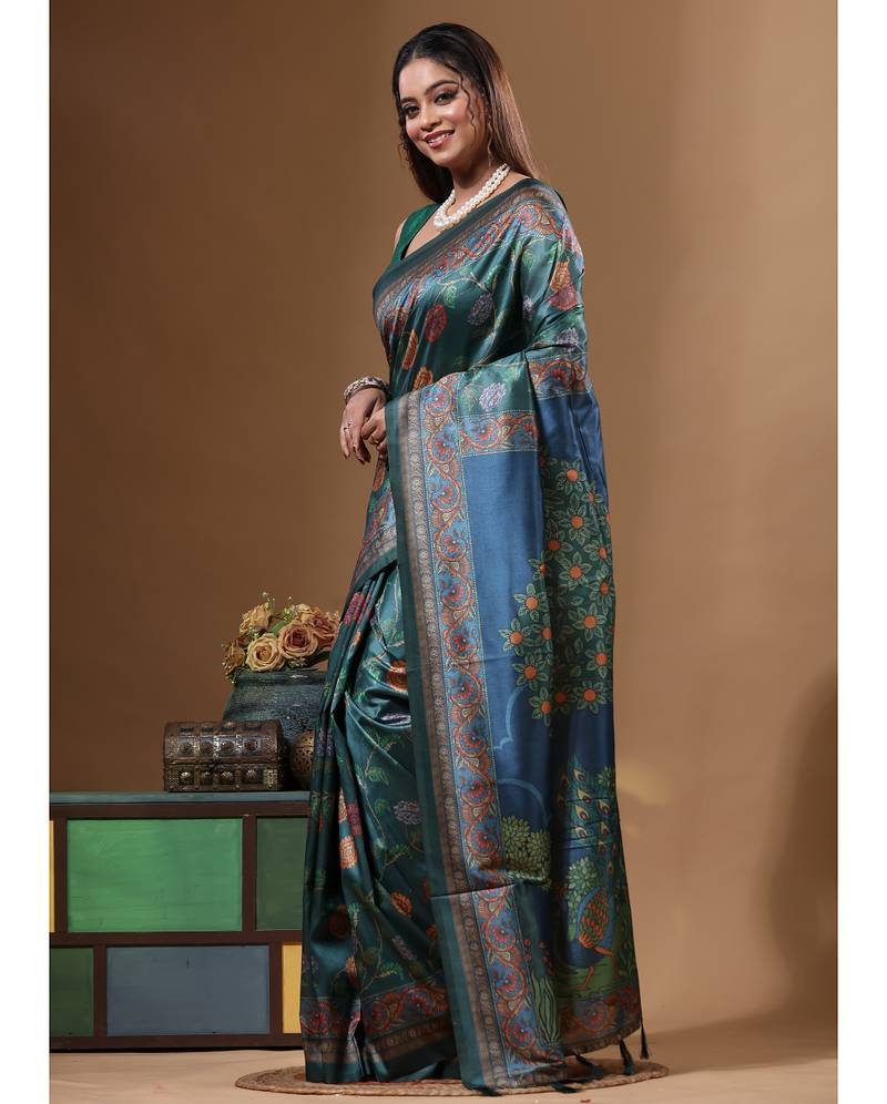 Multicolour semi - tussar with digital print saree with blouse piece