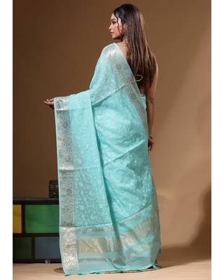Sea green mal chanderi with chicken kari saree with blouse piece 3