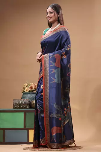 Multicolour semi - tussar with digital print saree with blouse piece