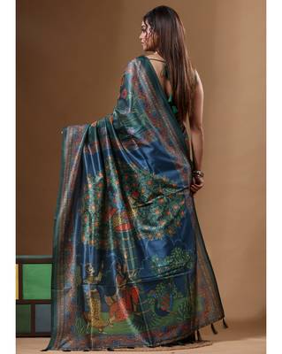 Multicolour semi - tussar with digital print saree with blouse piece 3