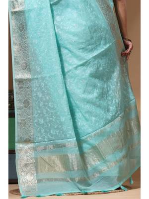 Sea green mal chanderi with chicken kari saree with blouse piece 4
