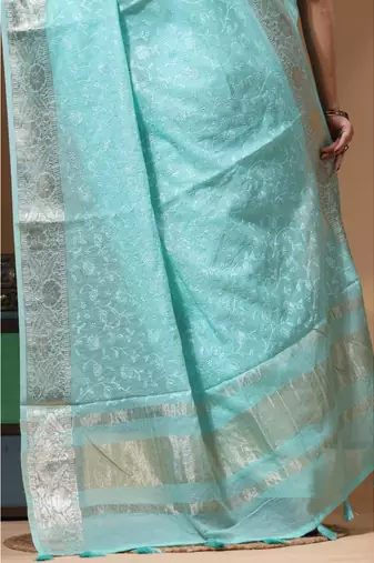 Sea green mal chanderi with chicken kari saree with blouse piece