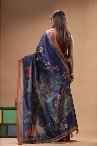 Multicolour semi - tussar with digital print saree with blouse piece