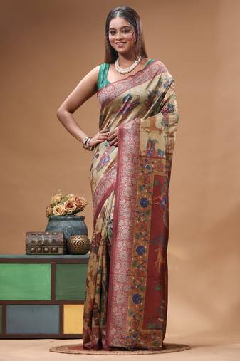 Multicolour semi - tussar with digital print saree with blouse piece