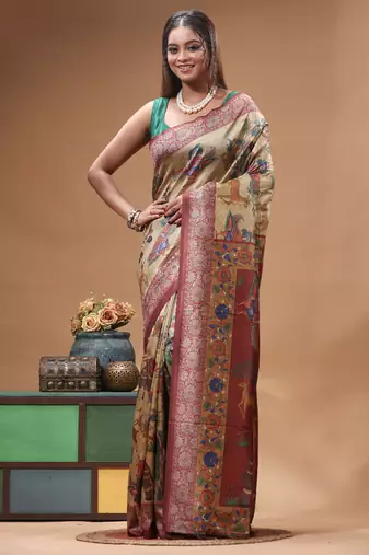 Multicolour semi - tussar with digital print saree with blouse piece