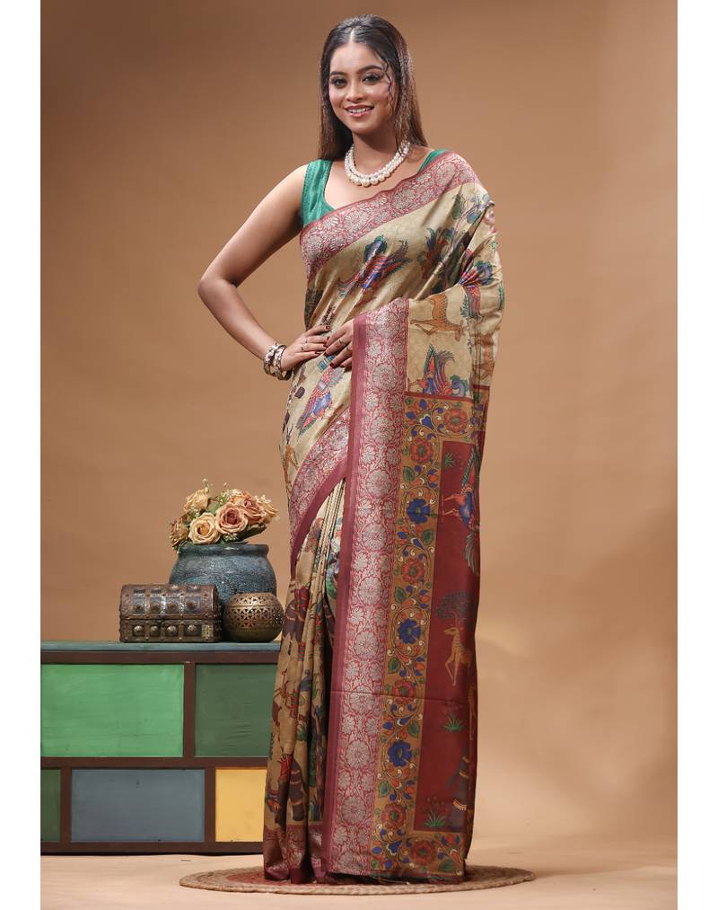 Multicolour semi - tussar with digital print saree with blouse piece