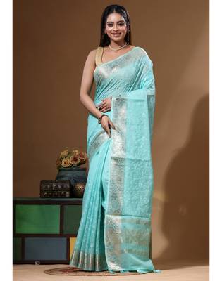 Sea green mal chanderi with chicken kari saree with blouse piece 5