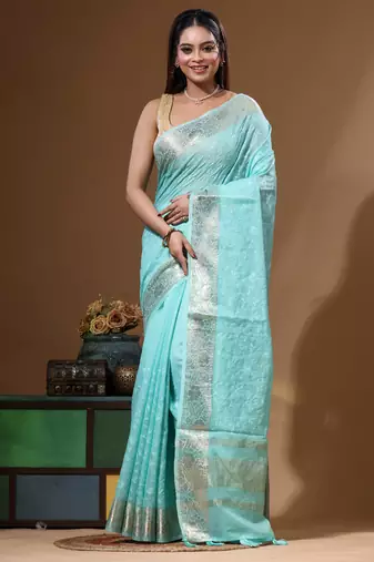 Sea green mal chanderi with chicken kari saree with blouse piece