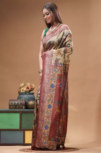 Multicolour semi - tussar with digital print saree with blouse piece