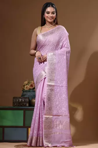 Lavendar mal chanderi with chicken kari saree with blouse piece
