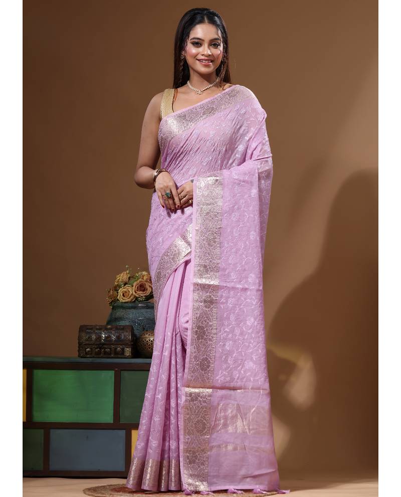 Lavendar mal chanderi with chicken kari saree with blouse piece
