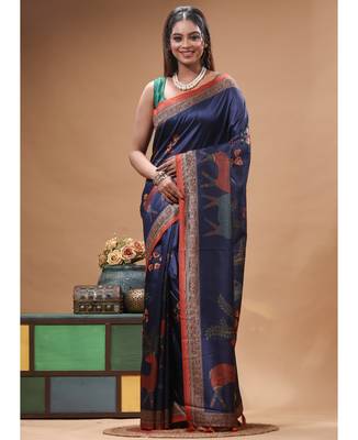 Multicolour semi - tussar with digital print saree with blouse piece 5