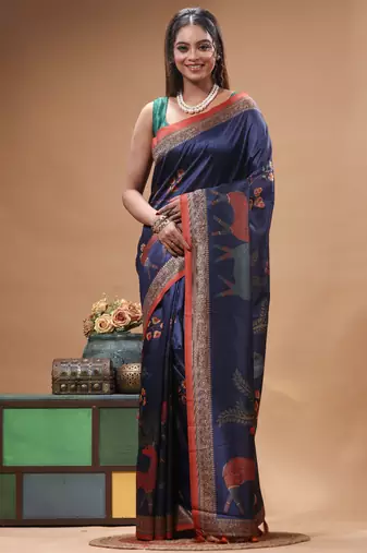 Multicolour semi - tussar with digital print saree with blouse piece