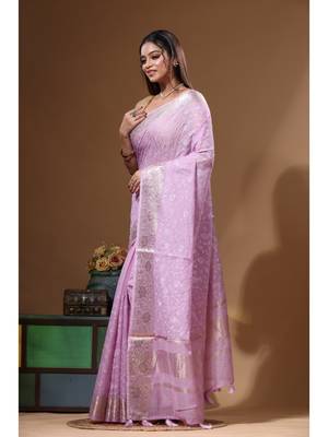 Lavendar mal chanderi with chicken kari saree with blouse piece 2