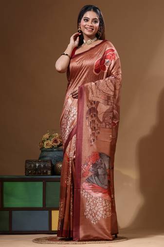Multicolour semi - tussar with digital print saree with blouse piece